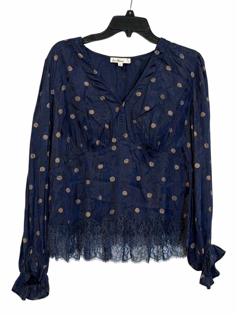 Sam Edelman Julia Navy Polka Dot Blouse SZ L Ruffle Cuffs Lace Trim Whimsical